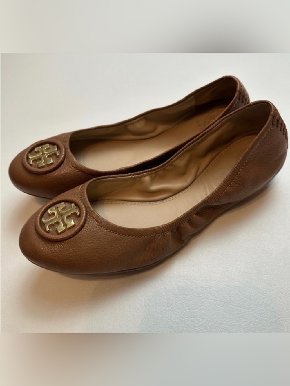 Tory Burch ballet flats cognac leather with gold logo- size 11